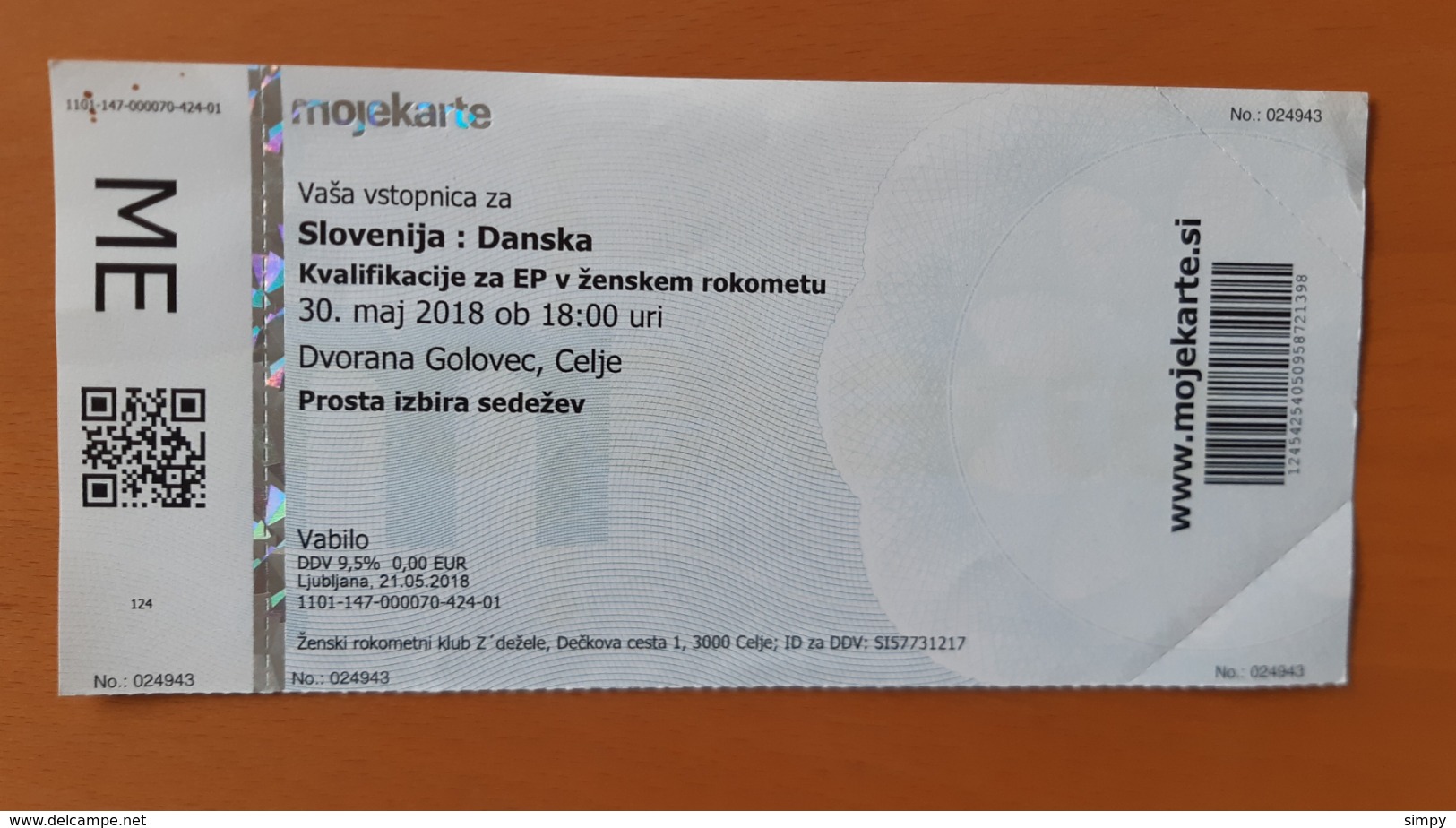 Handball Ticket Slovenia : DENMARK 30.5.2018  Celje Women's Qualifications For EURO - Match Tickets