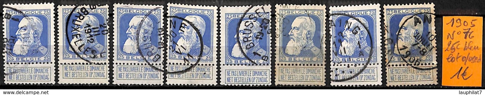 [834924]B/TB//O/Used-Belgique 1905 - N° 76, 25c Bleu, Lot Obl/USED, Familles Royales, Rois - 1905 Grosse Barbe