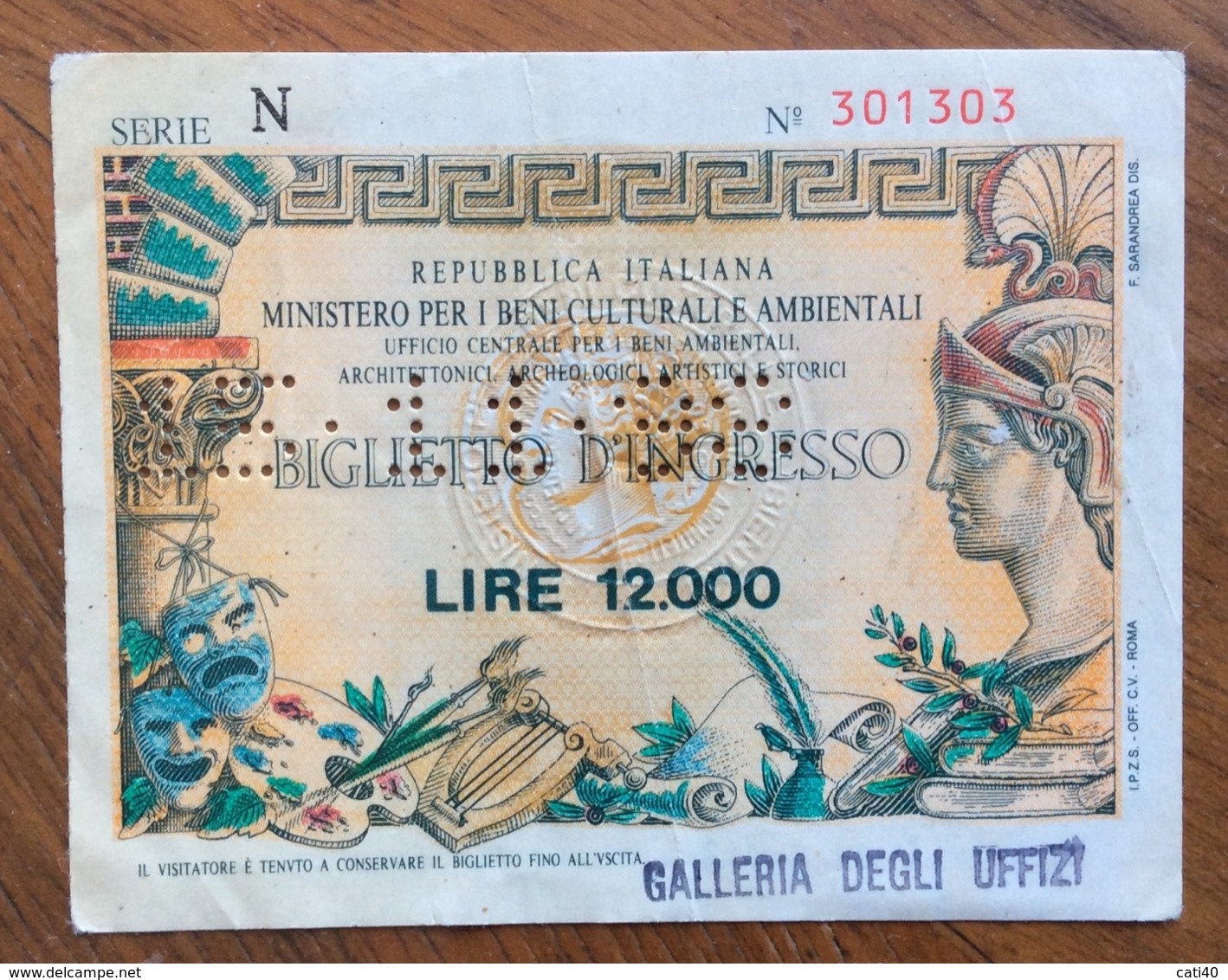 BIGLIETTO D'INGRESSO ALLA GALLERIA DEGLI UFFIZI DA LIRE 12000 - Biglietti D'ingresso