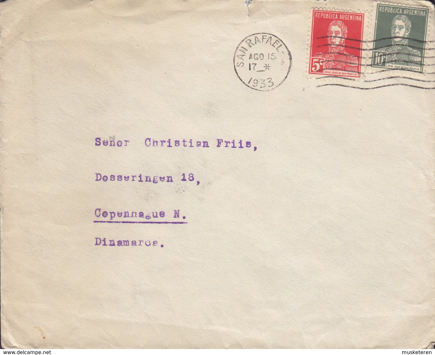 Argentina SAN RAFAEL 1933 Cover Letra COPENHAGEN Denmark 2-Colours General San Martin Stamps - Briefe U. Dokumente