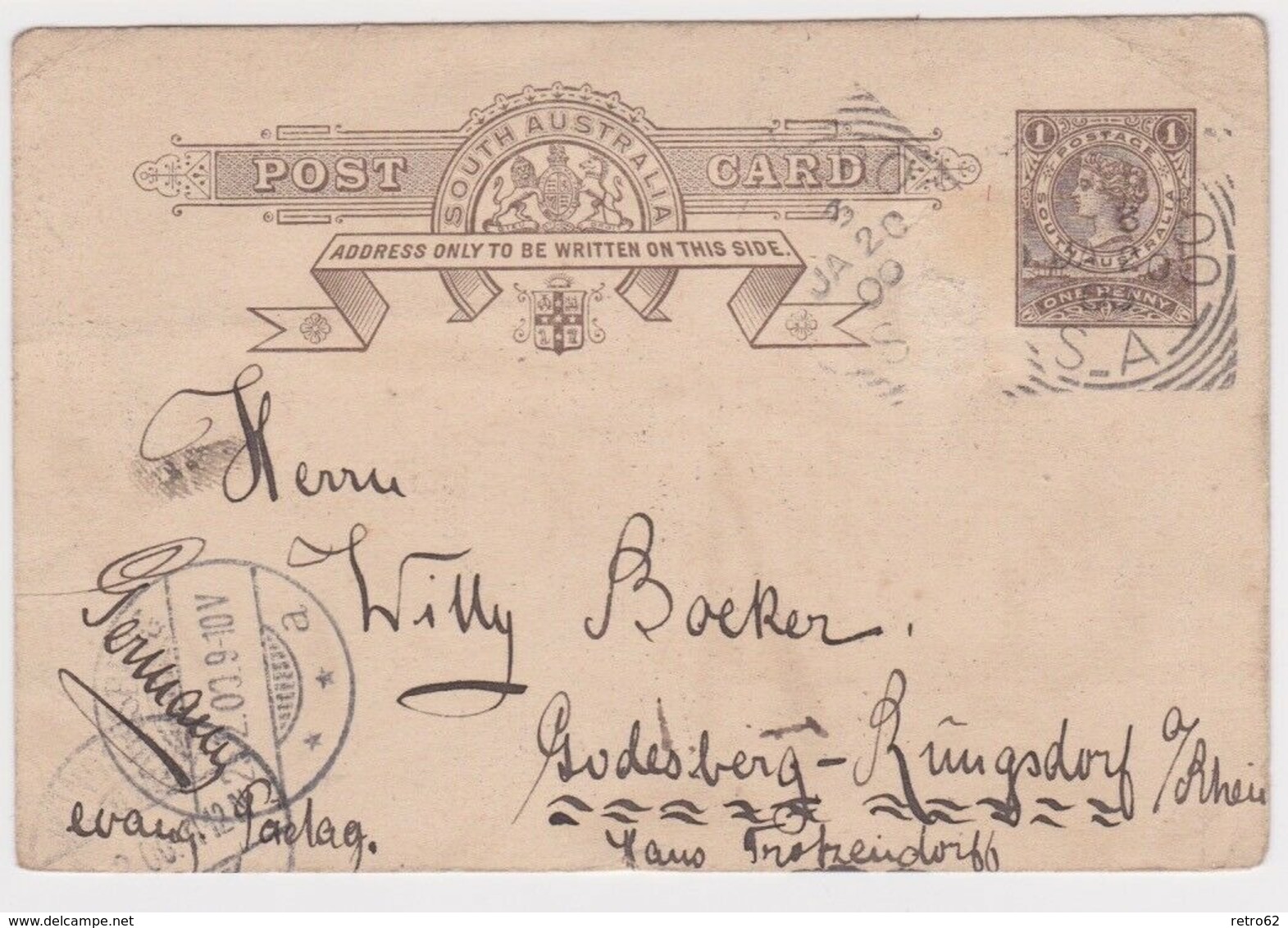 1900 South Australia → 1d Brown PS Postcard Wallaroo Cover To Godesberg Germany - Cartas & Documentos