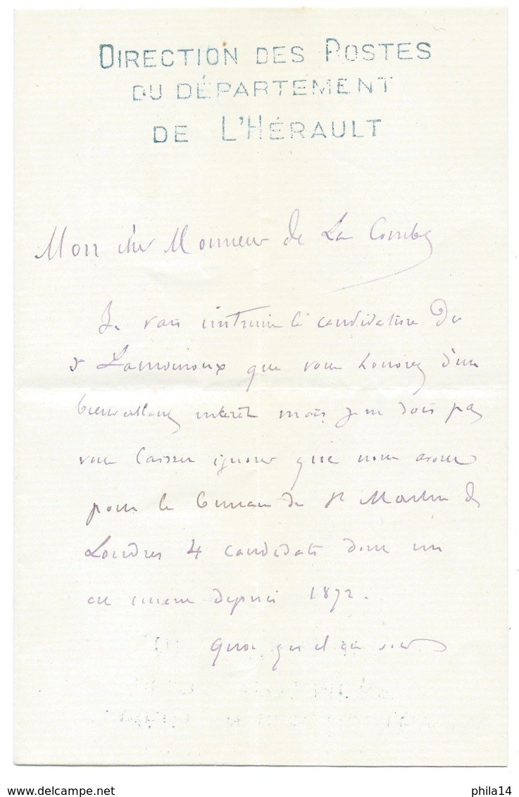 CORRESPONDANCE DE LA DIRECTION DES POSTES DU DEPARTEMENT DE L'HERAULT 1877 - Manuscrits