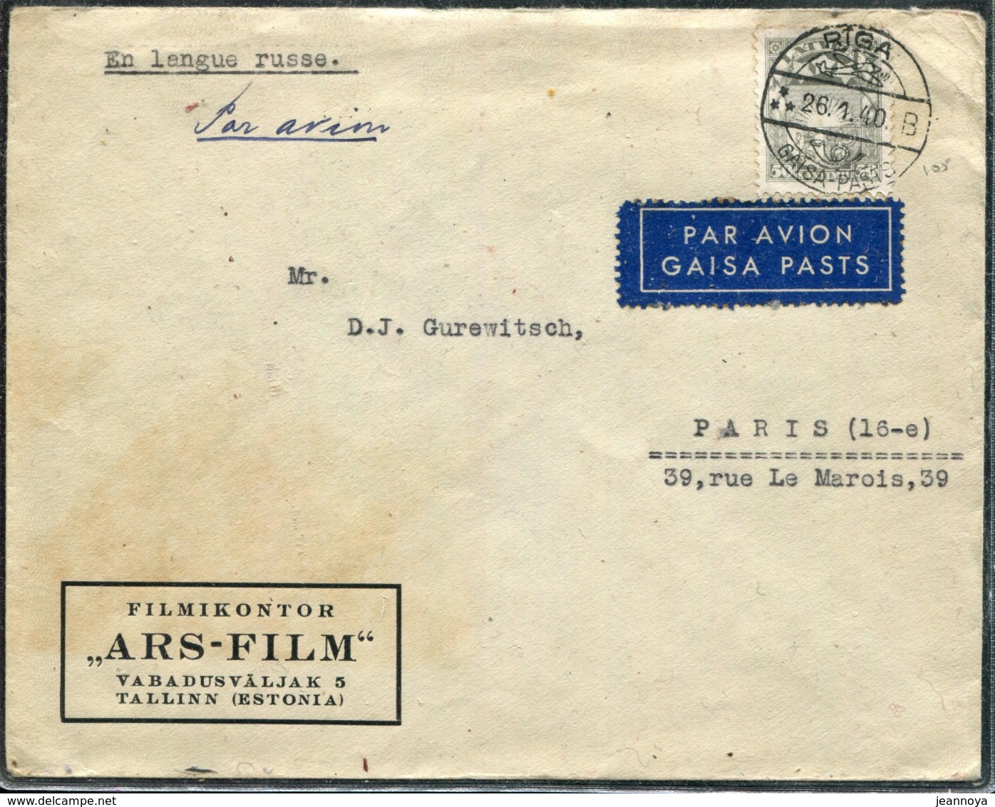LETTONIE - N° 128 / LETTRE AVION DE RIGA LE 26/1/1940 POUR LA PARIS - THEME CINEMA - TB - Lettonie