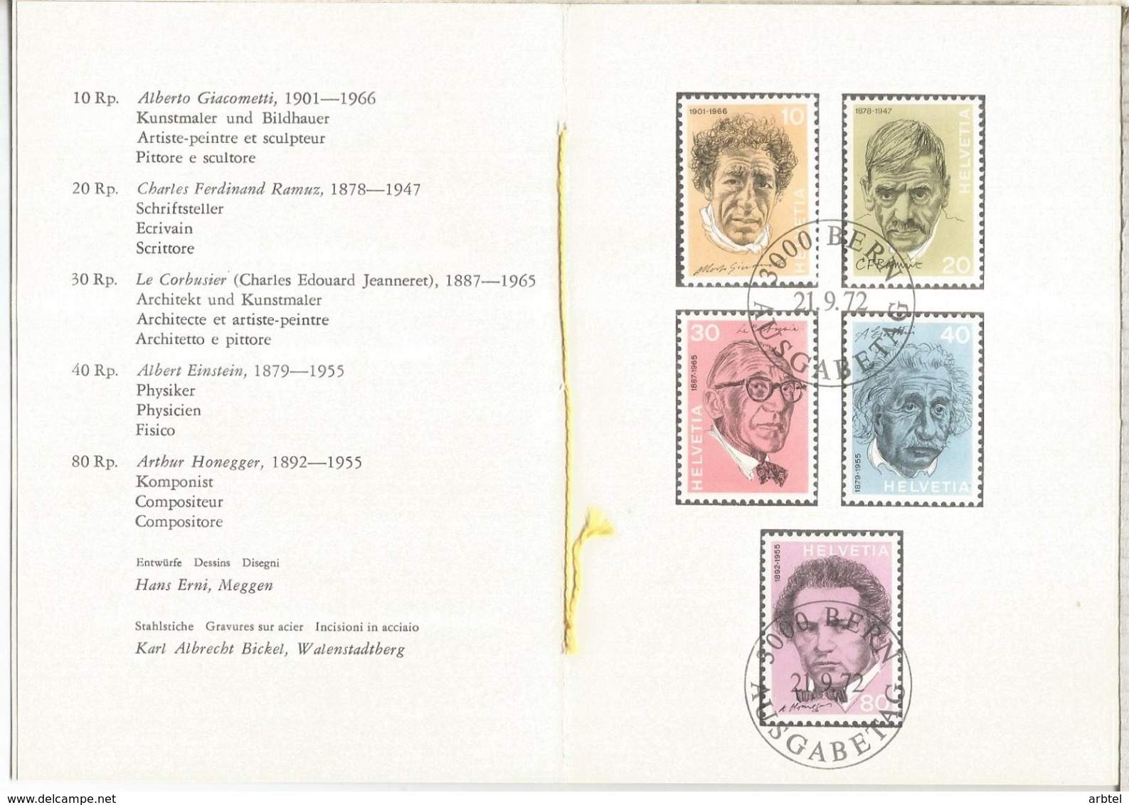 SUIZA 1972 DOCUMENTO SELLOS GIACOMETTI LE CORBUSIER EISNTEIN HONEGGER RAMUZ NOBEL - Otros & Sin Clasificación