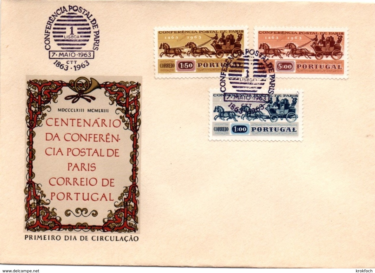 Conferencia Postal De Paris 1963 - FDC Lisboa - Conférence Postale De Paris - Calèche Malle-poste - FDC