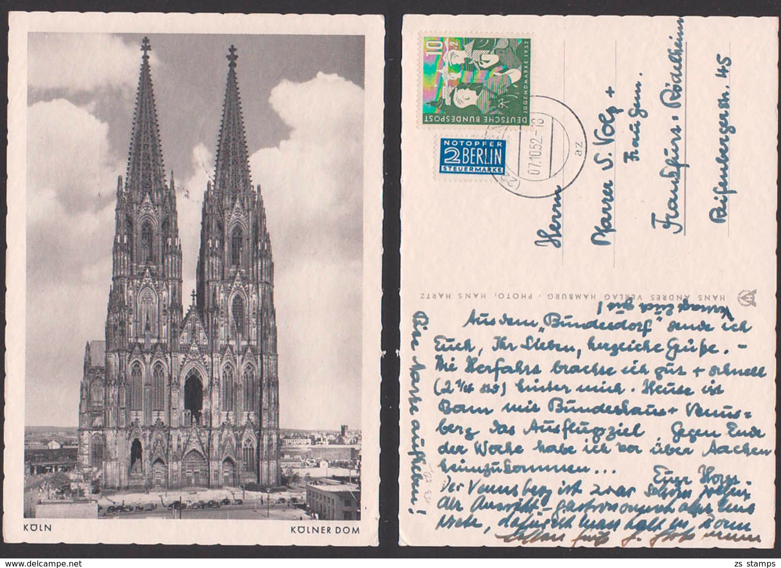 Jugendmarke 1052 10+2 Pfg. Jugendherberge Auf Ak Kölner Dom 7.10.52, BRD 153 Mit Notopfermarke - Covers & Documents