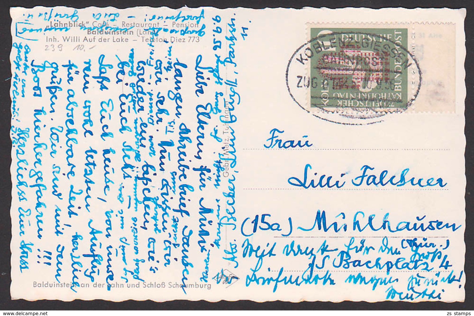 Deutscher Katholikentag Köln 1956, 10 Pfg. BRD 239 Bahnpost-St. "Koblenz - Giessen", Ak Balduinstein Lahnblick, Randst. - Briefe U. Dokumente