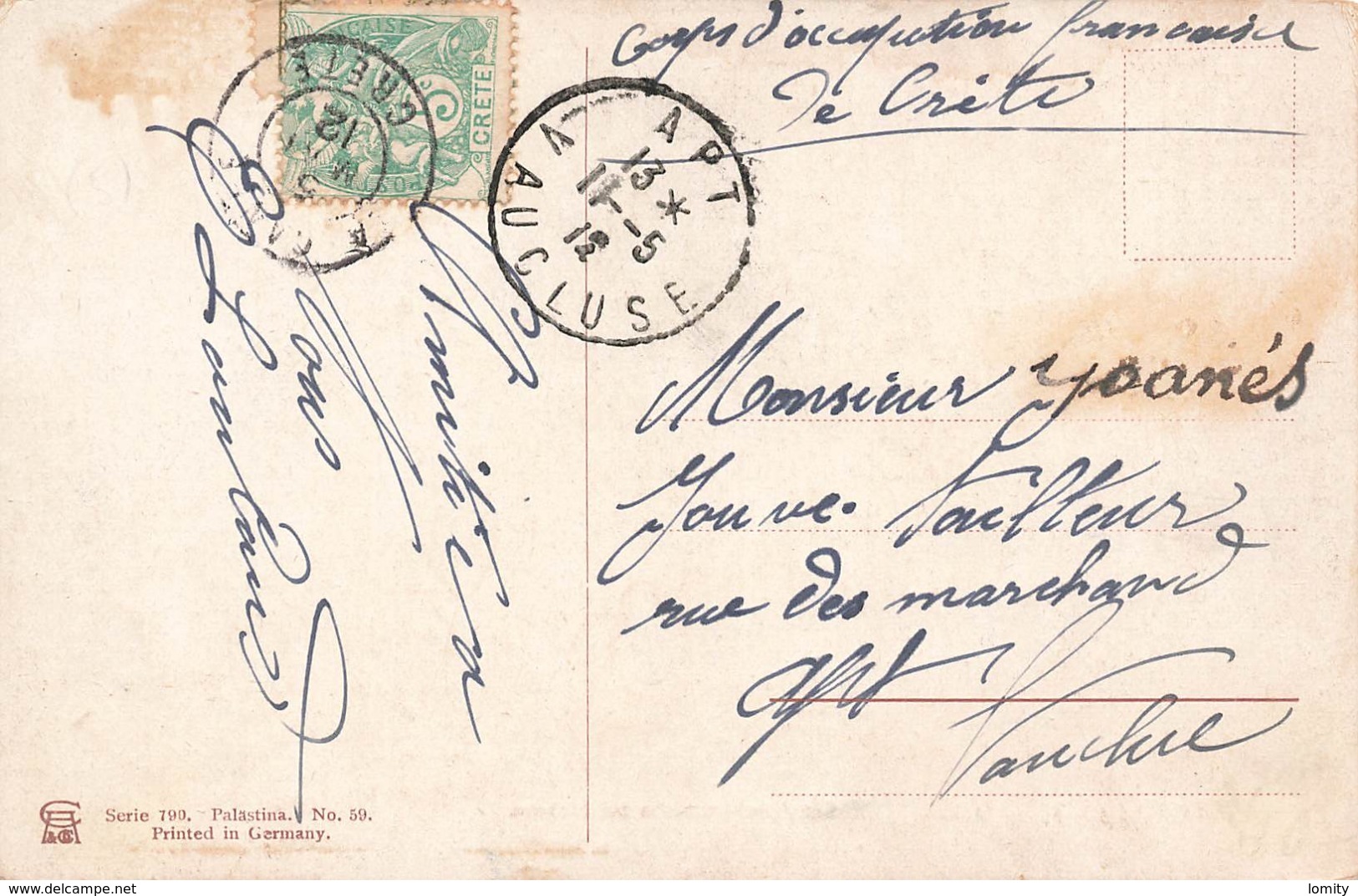 Crete Corps D' Occupation Française 1912 + Timbre Cachet 5 Mai à Destination Apt Vaucluse 11 Mai Sur Carte Postale - Autres & Non Classés