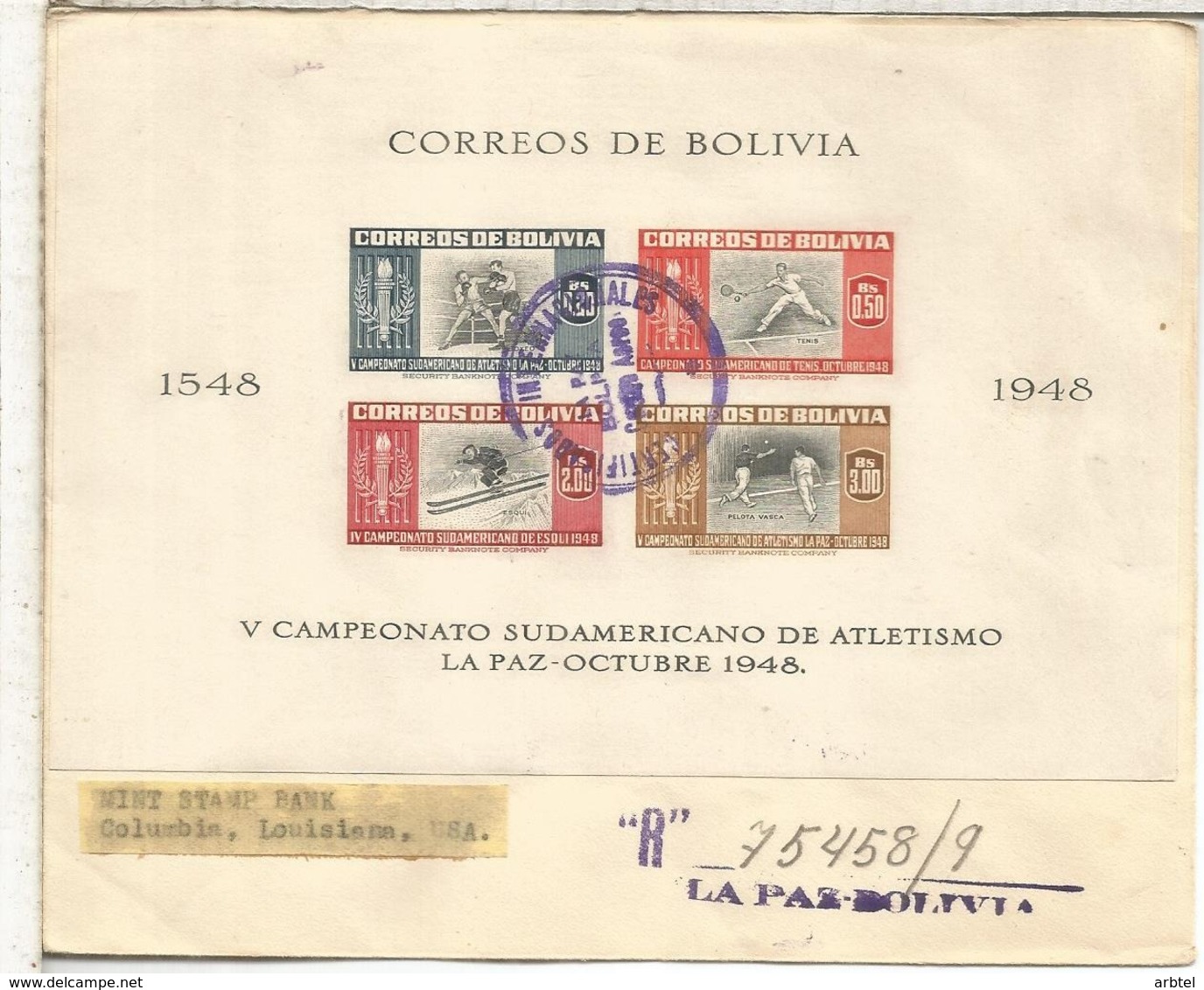 BOLIVIA 1948 CC CERTIFICADA A USA HOJITA SIN DENTAR SELLOS PELOTA VASCA BOXEO ESQUI TENIS TENNIS SKI BOXING CON LLEGADA - Bolivia