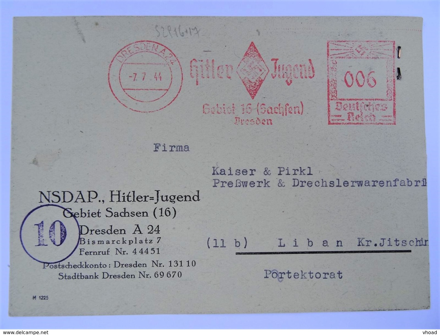 1944 DR Postkarte Dresden NSDAP, Hitler-Jugend Gebiet Sachsen Nach Liban (Protektorat), Kinderlandverschickung - Briefe U. Dokumente