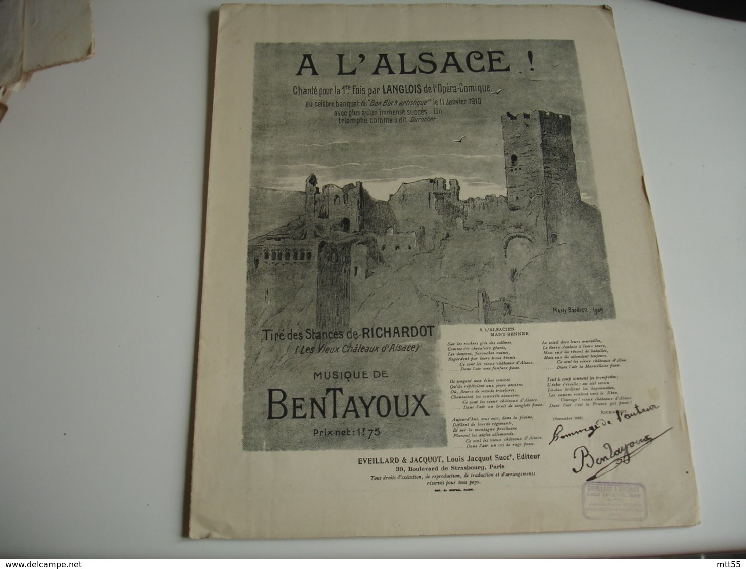 Autographe Signature Musicien Bentayoux  Sur Ancienne  Partition Musique Gravure Musique Bentayoux A L Alsace - Spartiti