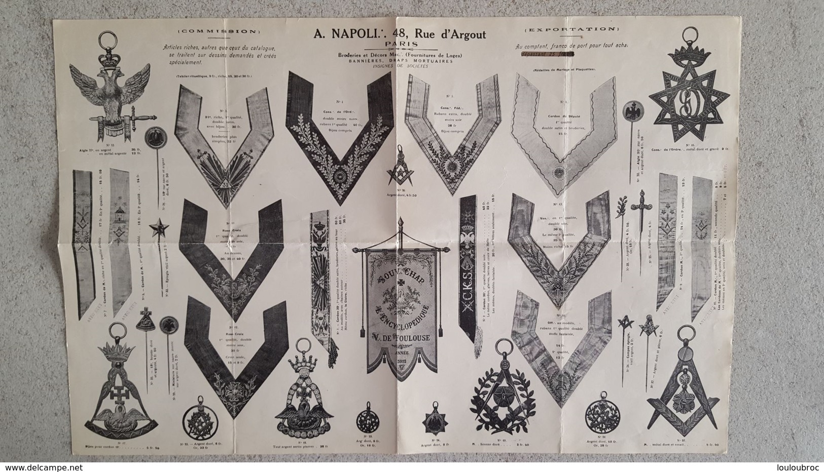 RARE FRANC MACONNERIE  PLANCHE BRODERIES ET DECORS MACONNIQUES FOURNITURES DE LOGES  A. NAPOLI A PARIS 50 X 32 - Esoterik