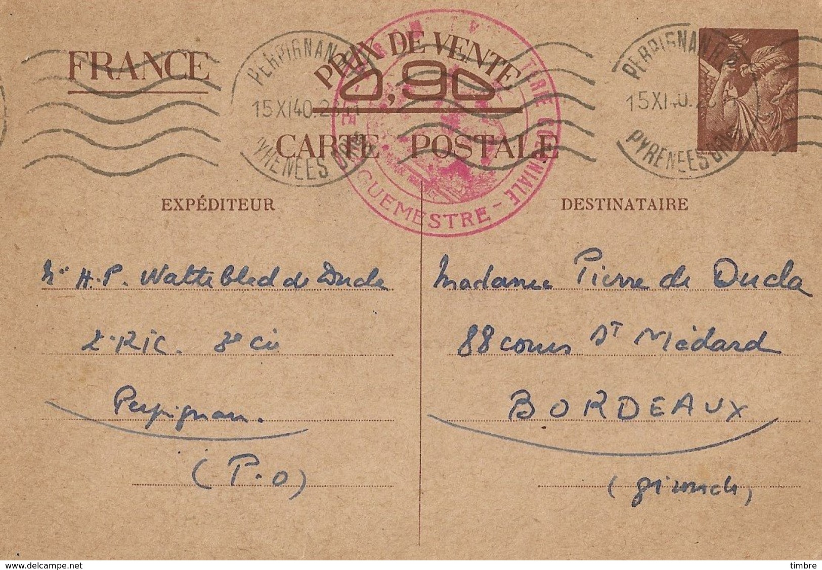 Entier Postal 90c Iris Perpignan Déesse Assise ...Coloniale - Guerra Del 1939-45