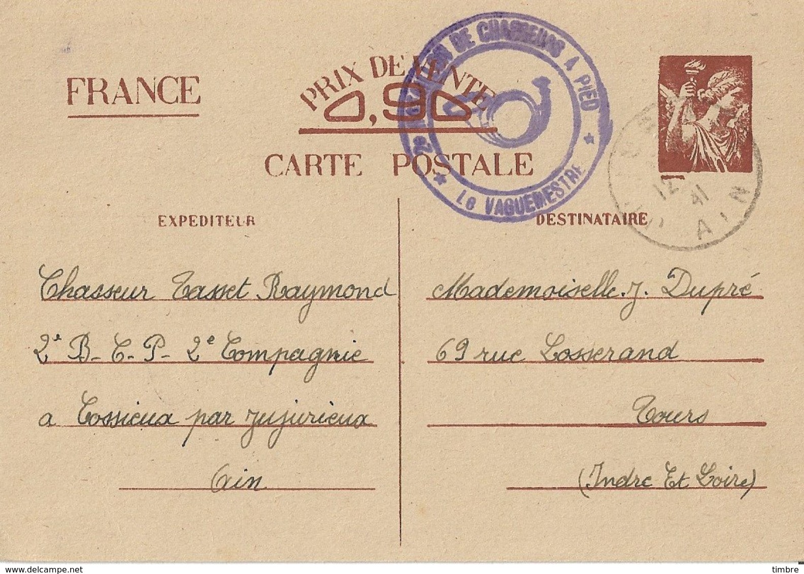 Entier Postal 90c Iris 2eme Bataillon De Chasseurs à Pied à JUJURIEUX - Guerre De 1939-45