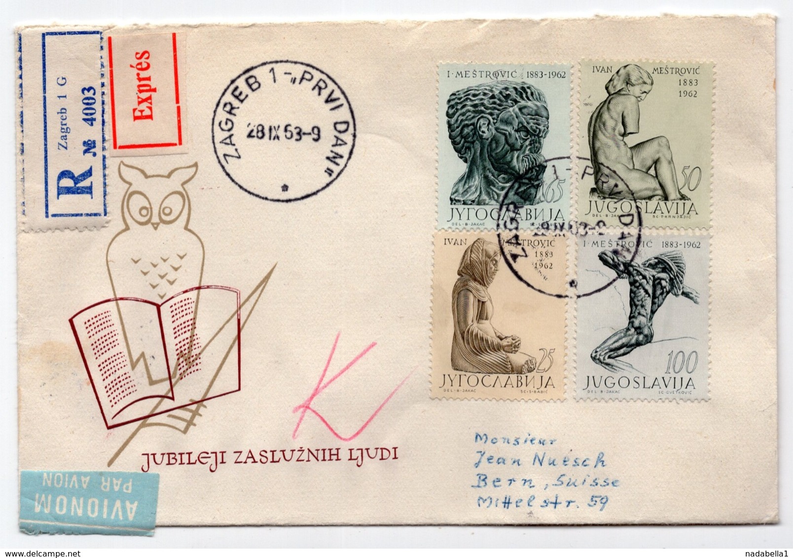 1963 YUGOSLAVIA, FDC, 28.09.1963. SPECIAL COVER, PEOPLE WITH MERIT, IVAN MESTROVIC,SCULPTOR, ZAGREB, SENT TO BERN - FDC