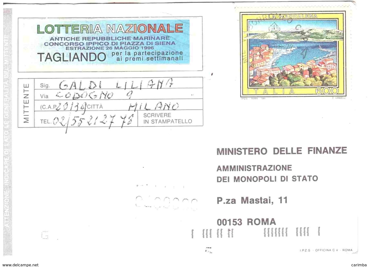 1991 £600 LA MADDALENA SU CARTOLINA LOTTERIA NAZIONALE - Pubblicitari