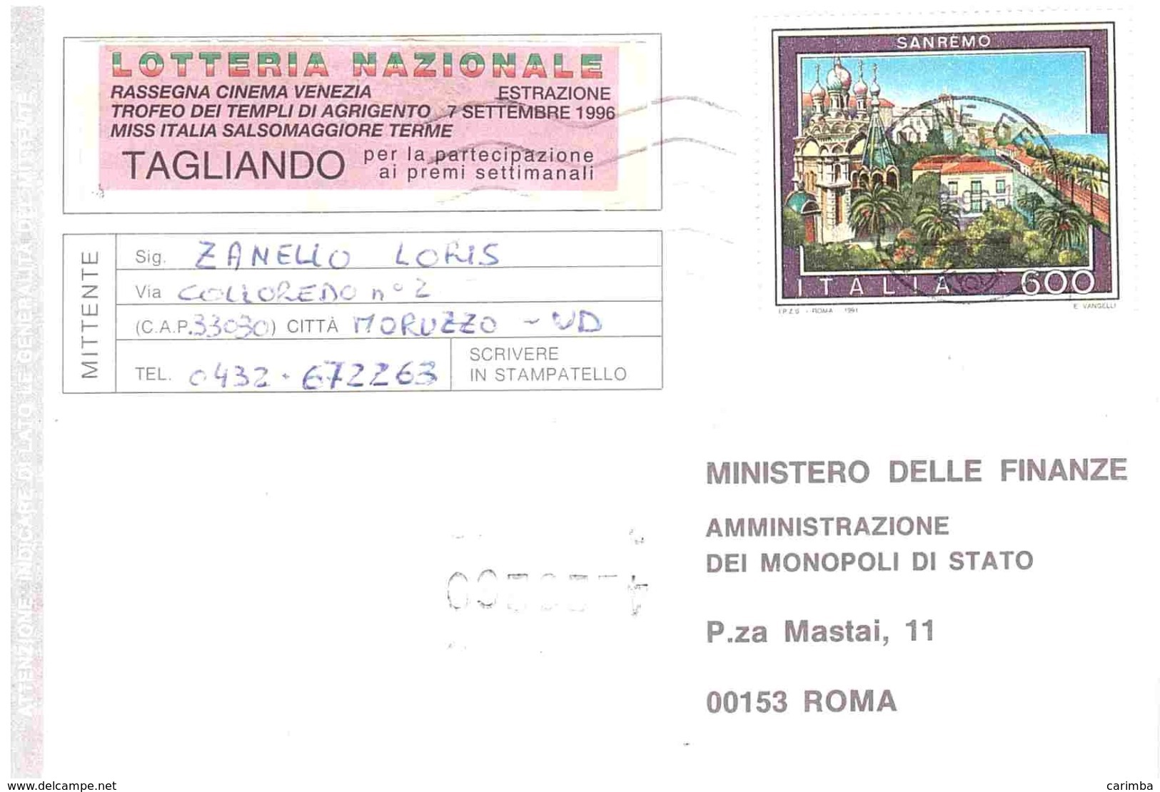 1991 £600 SANREMO SU CARTOLINA LOTTERIA NAZIONALE - Pubblicitari