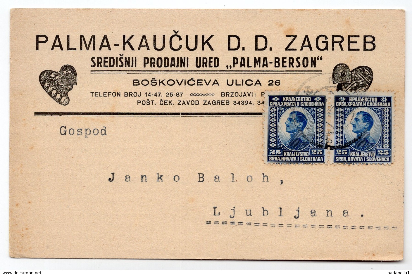 1926 YUGOSLAVIA, CROATIA, ZAGREB TO LJUBLJANA, PALMA-KAUCUK D.D. CORRESPONDENCE CARD, SHOES MAKERS - Covers & Documents