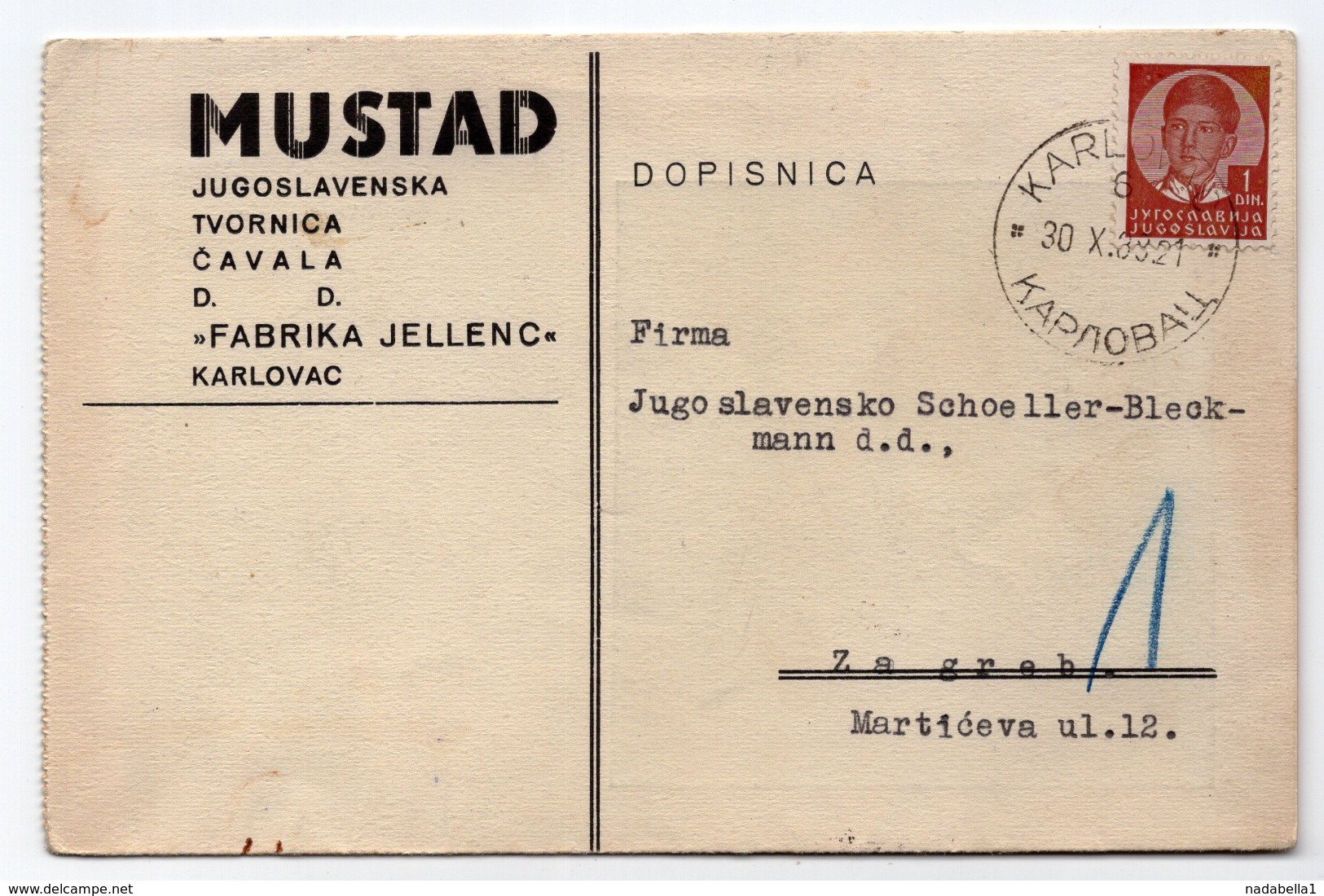 1938 YUGOSLAVIA, CROATIA, KARLOVAC TO ZAGREB, MUSTAD, METALWARE,CORRESPONDENCE CARD - Covers & Documents