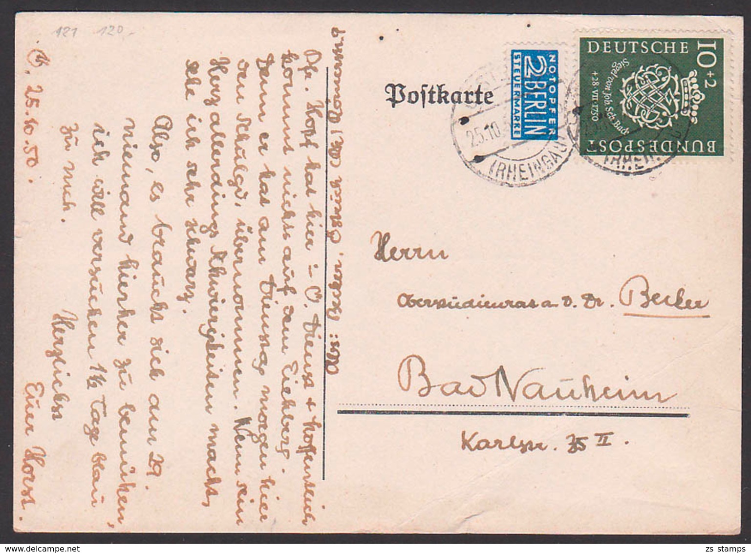 Bach, Johann Sebastian Bachsiegel 10+2 Pfg. BRD 121 Mit 2 Pfg. Notopfer BERLIN Steuermarke, Oestrich Rheingau 25.10.50 - Briefe U. Dokumente