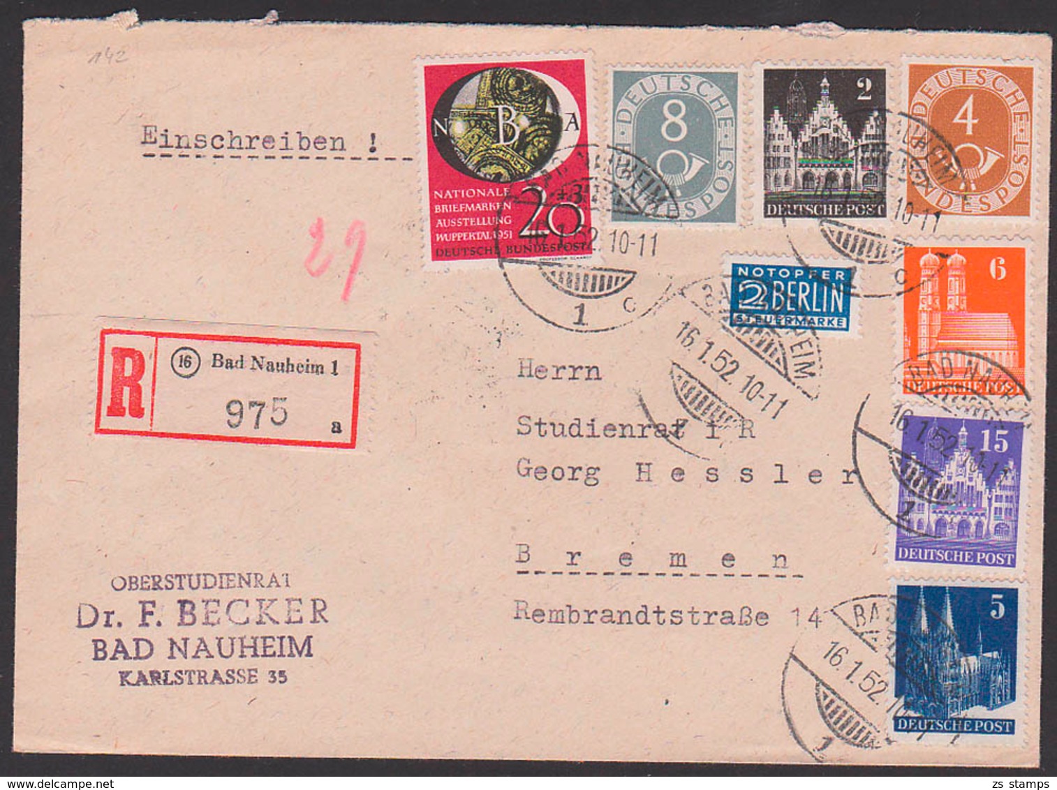 Bad Nauheim Gitterstempel Mit 8 Pfg. Ziffer 16.1.52 Mit 20 Pfg. Wuppertal BRD 142, R-Brief  Marken Die BiZ, Steuermarke - Otros & Sin Clasificación