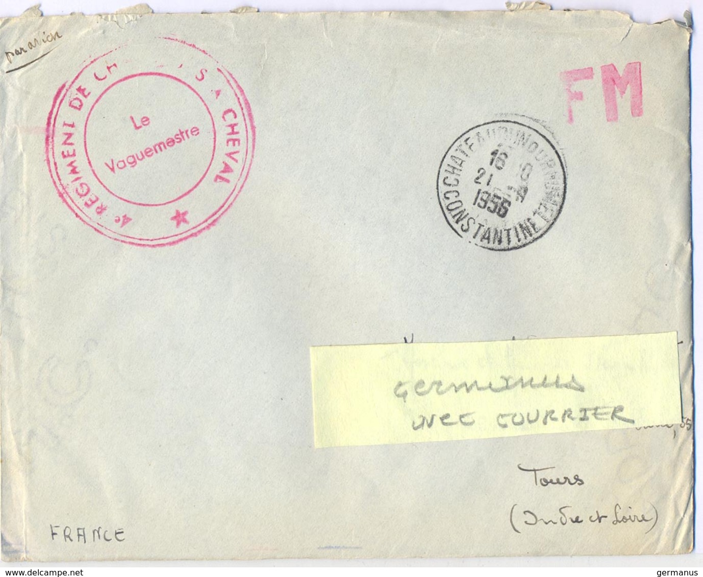 GUERRE D'ALGERIE 4e REGIMENT DE CHASSEURS A CHEVAL TàD CHATEAUDUN DU RHUMEL CONSTANTINE 21-9-1956 + COURRIER - War Of Algeria