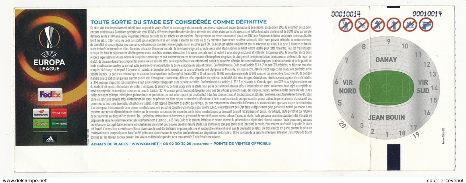 MARSEILLE - Billet D'entrée "Olympique Marseille => RB Leipzig" - Stade Vélodrome Ganay 12 Avril 2018 - EUROPA LEAGUE - Tickets D'entrée