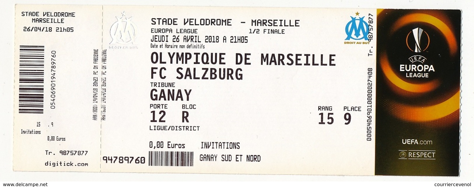 MARSEILLE - Billet D'entrée "Olympique Marseille => FC Salzburg" - Stade Vélodrome Ganay 26 Avril 2018 - EUROPA LEAGUE - Tickets D'entrée