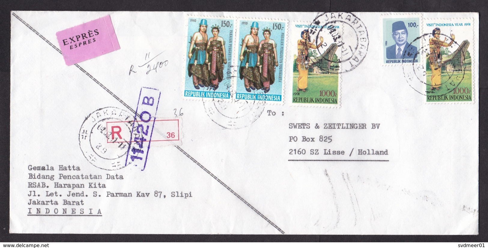 Indonesia: Registered Express Cover To Netherlands, 1991, 5 Stamps, Dance, Costumes, Improvised R-label (traces Of Use) - Indonesia