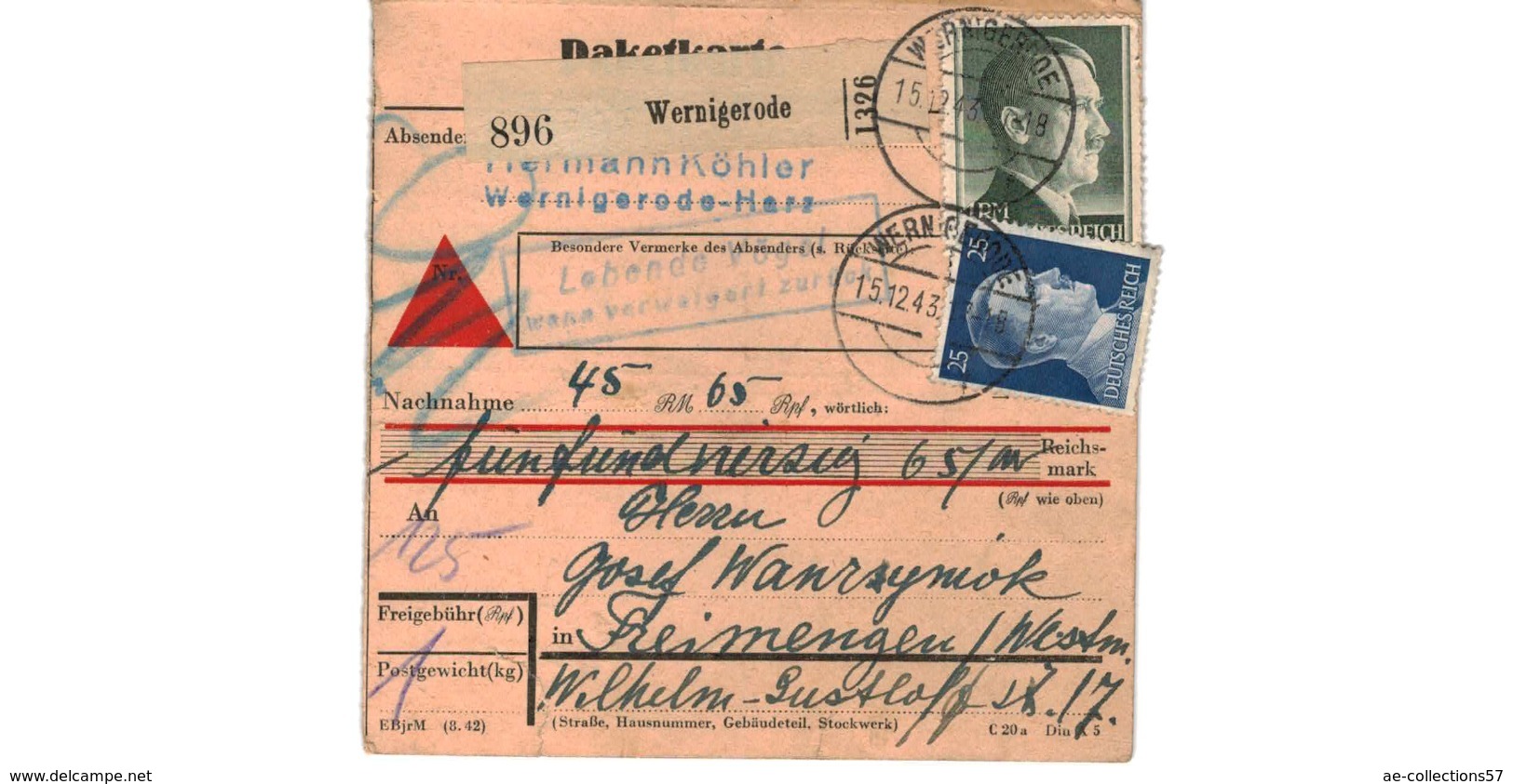 Allemagne  - Colis Postal  - Départ Wernigerode   - 15/12/1943 - Covers & Documents