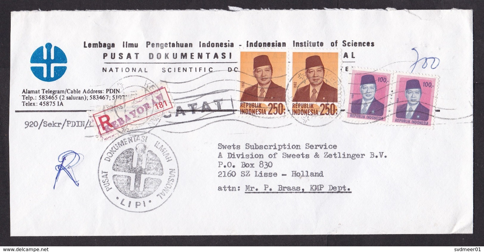 Indonesia: Registered Cover To Netherlands, 1984, 4 Stamps, President, Improvised R-label (roughly Opened) - Indonesië