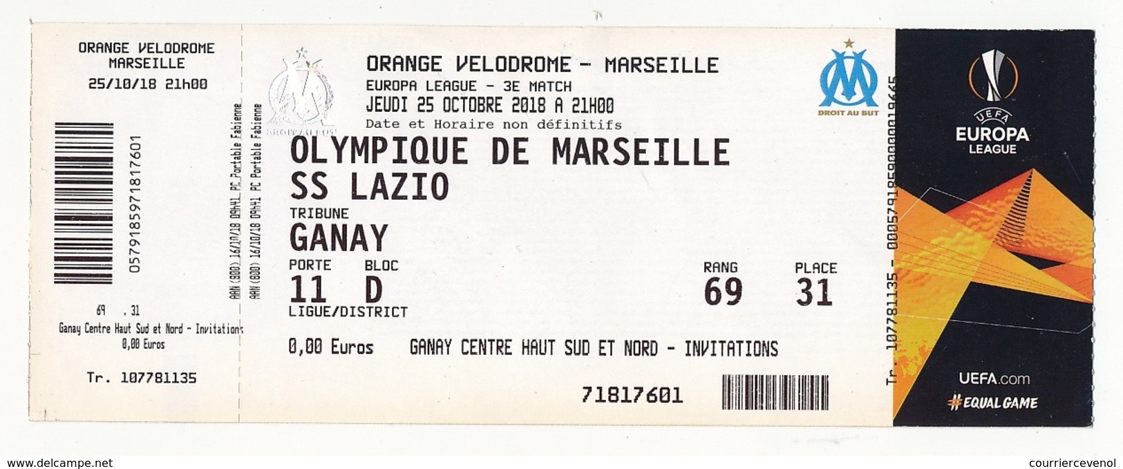 MARSEILLE - Billet D'entrée "Olympique Marseille => SS Lazio" - Stade Vélodrome Ganay 25 Octobre 2018 - EUROPA LEAGUE - Tickets D'entrée