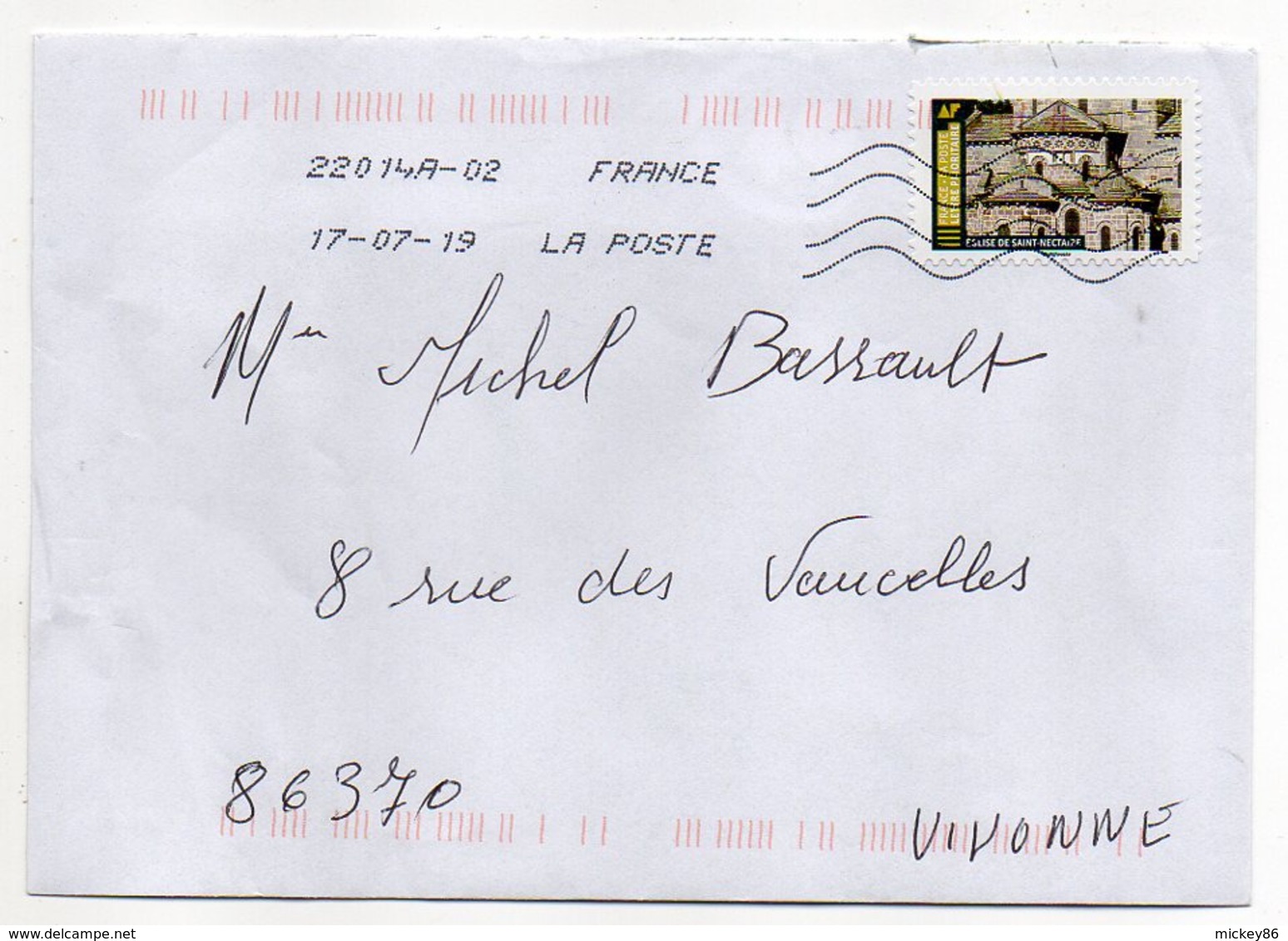 2019-- Tp Adhésif  " église De St Nectaire -Cantal  "  Seul Sur Lettre- - 1961-....