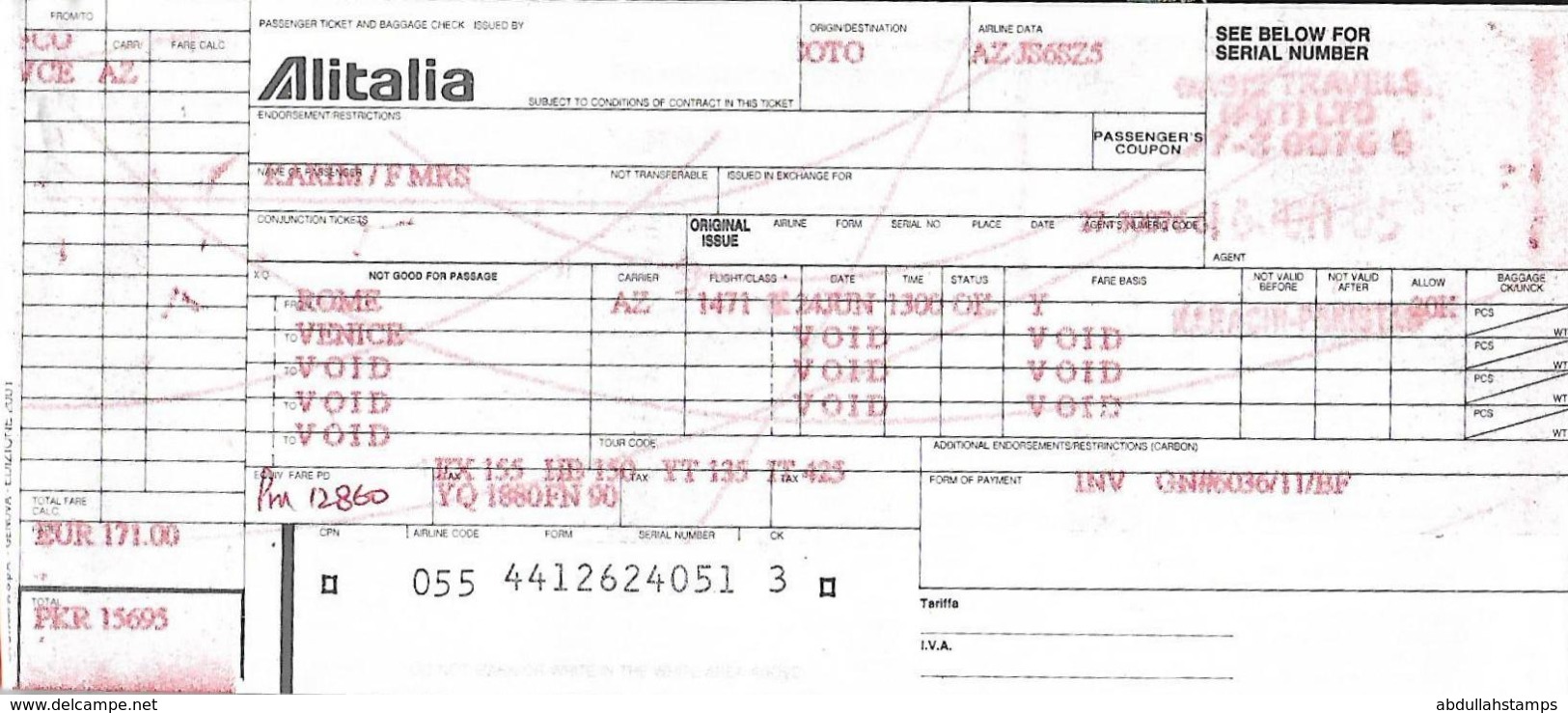 ALITALIA, ITALIAN AIRLINE TICKET ( ROME - VENICE ). - Tickets