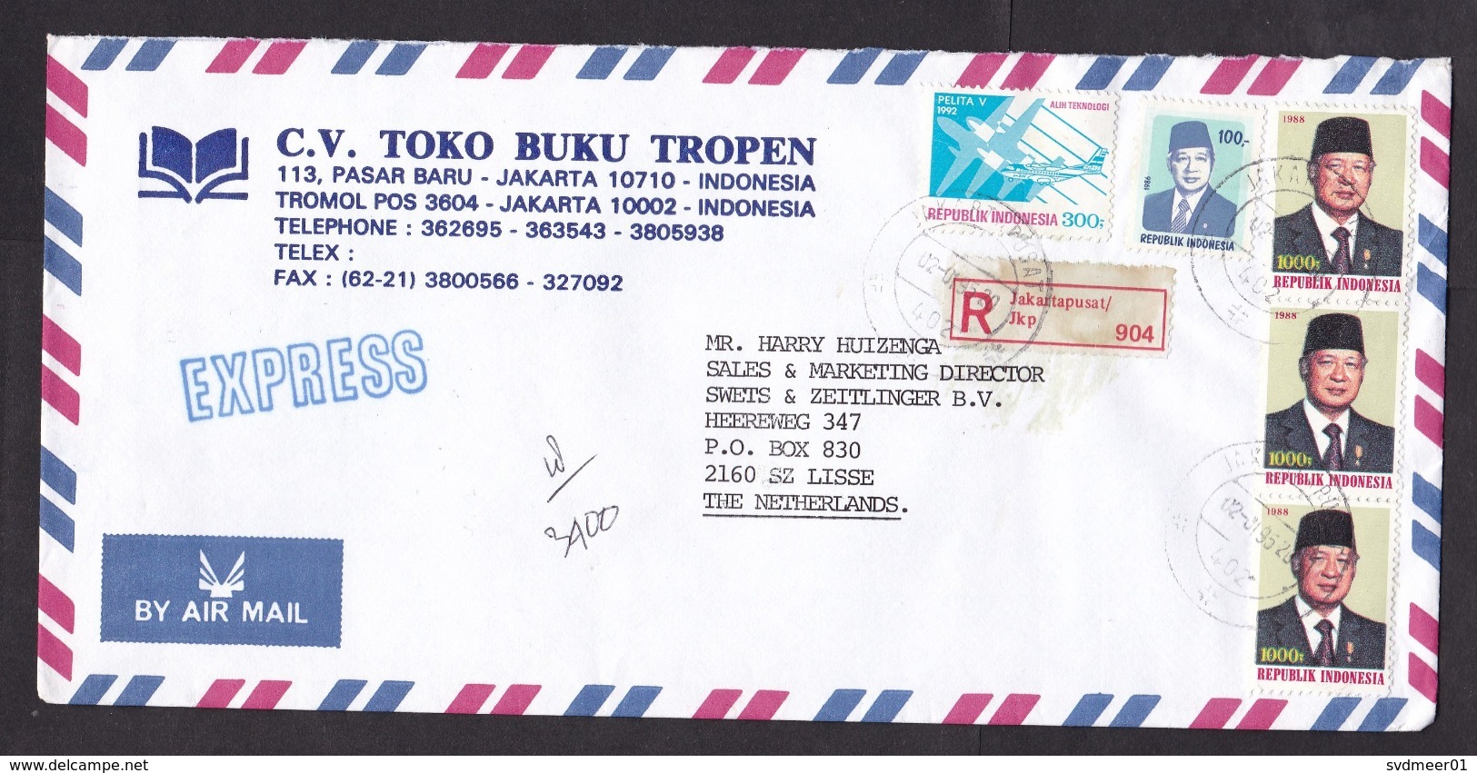 Indonesia: Registered Express Cover To Netherlands, 1995, 5 Stamps, Airplane, R-label Jakartapusat (ugly Glue) - Indonesië