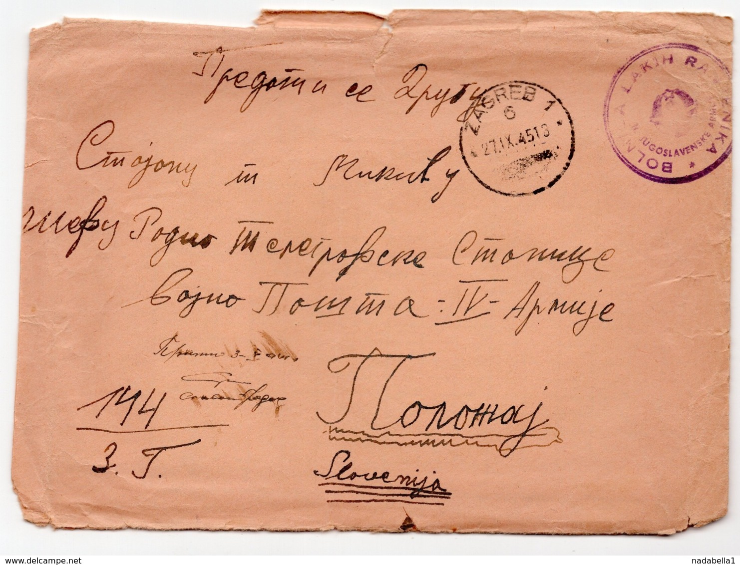 27.09.1945. YUGOSLAVIA, ZAGREB, MILITARY MAIL, SMALL WOUNDS HOSPITAL ZAGREB TO SLOVENIA - Covers & Documents