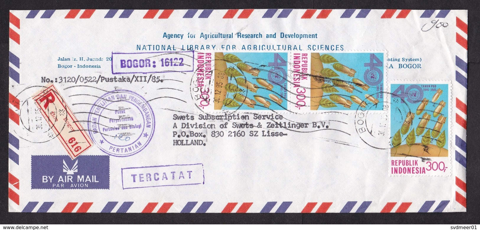 Indonesia: Registered Cover To Netherlands, 1985, 3 Stamps, Bomb Into Tree, Peace, UN, R-label Bogor (minor Damage) - Indonesië