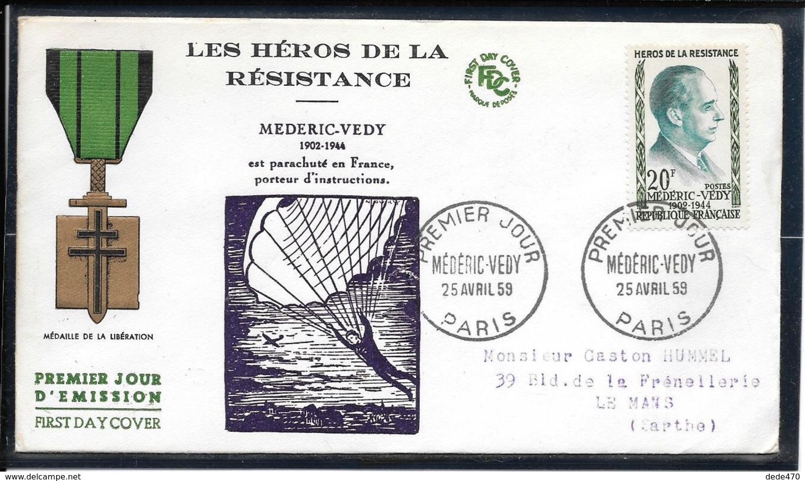 FDC 1959 - 1200  Héros De La Résistance(III): Médéric VÉDY - 1950-1959