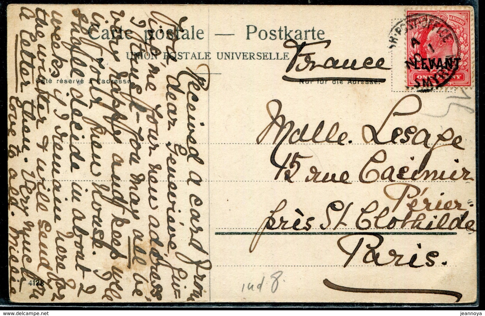 GRANDE BRETAGNE - LEVANT N°13 / CP DE SMYRNA LE 1/11/1911 POUR PARIS - TB - Levante Británica