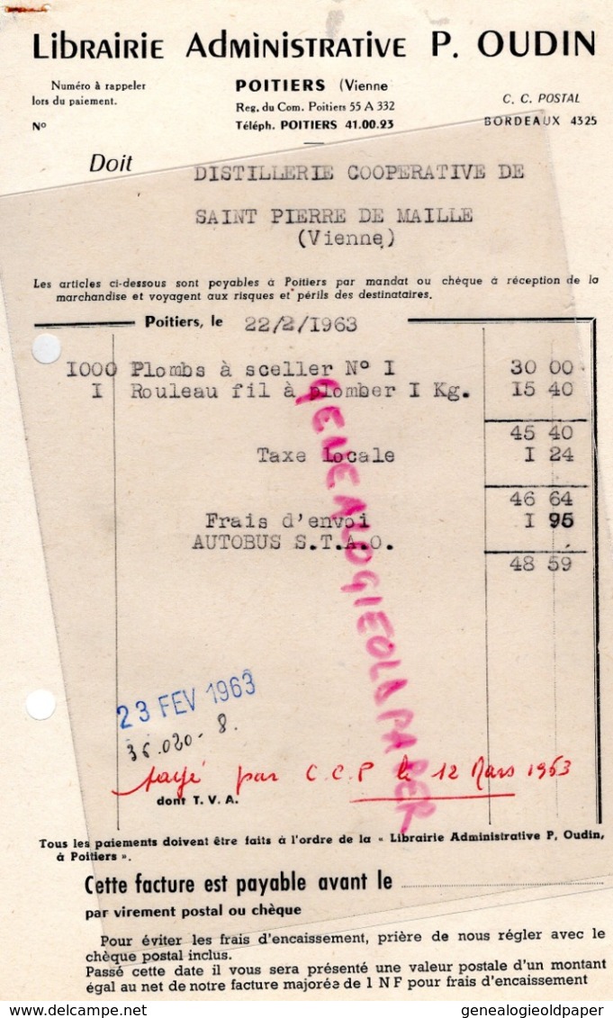 86- POITIERS- FACTURE LIBRAIRIE ADMINISTRATIVE P. OUDIN- 1963 - Druck & Papierwaren