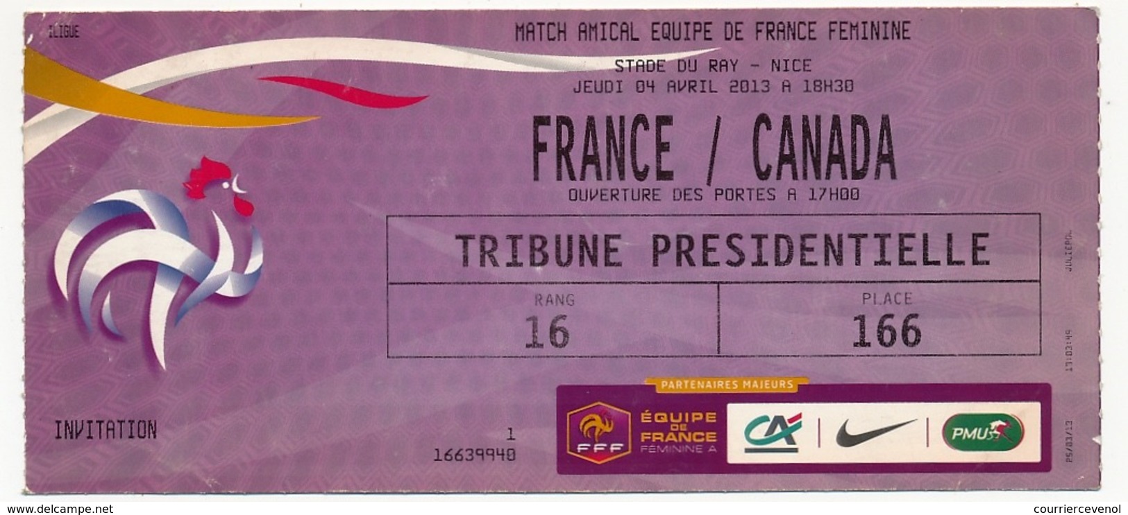 MARSEILLE - Billet D'entrée Match Amical Equipe De France Féminine - FRANCE CANADA - 4 Avril 2013 à NICE - Tickets - Vouchers