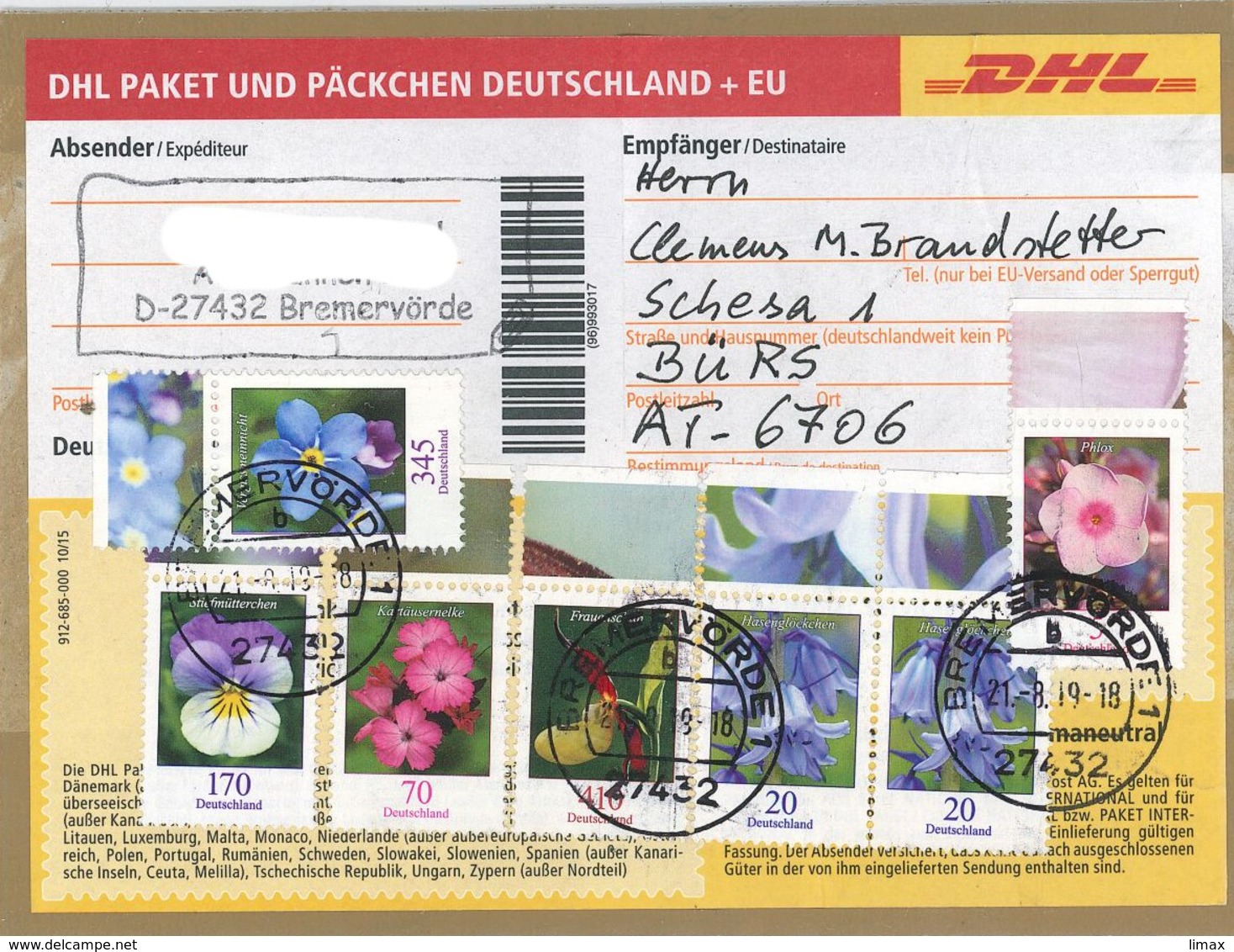 Bremervörde Vergissmeinnicht Phlox Hasenglöckchen Frauenschuh Kartäusernelke Stiefmütterchen Allonge Päckchen - Storia Postale