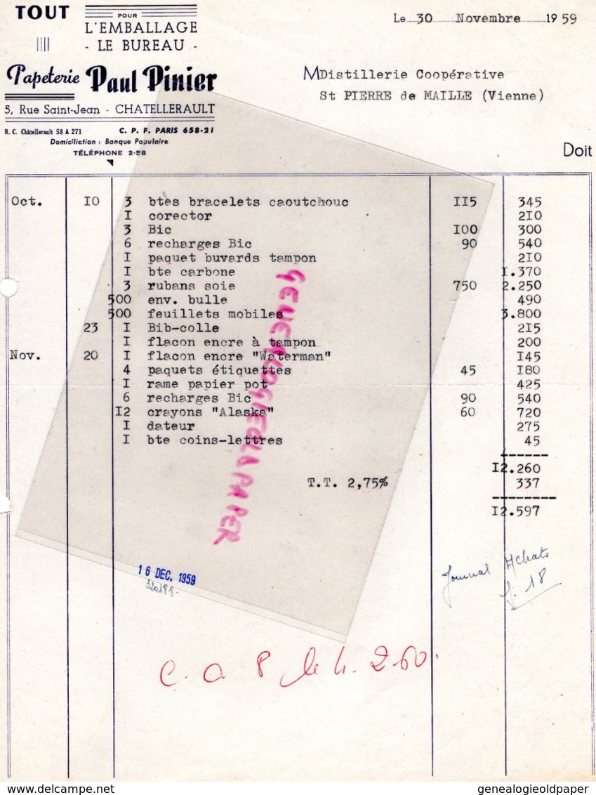 86- CHATELLERAULT- FACTURE PAUL PINIER - PAPETERIE 5 RUE SAINT JEAN- 1959 - Druck & Papierwaren