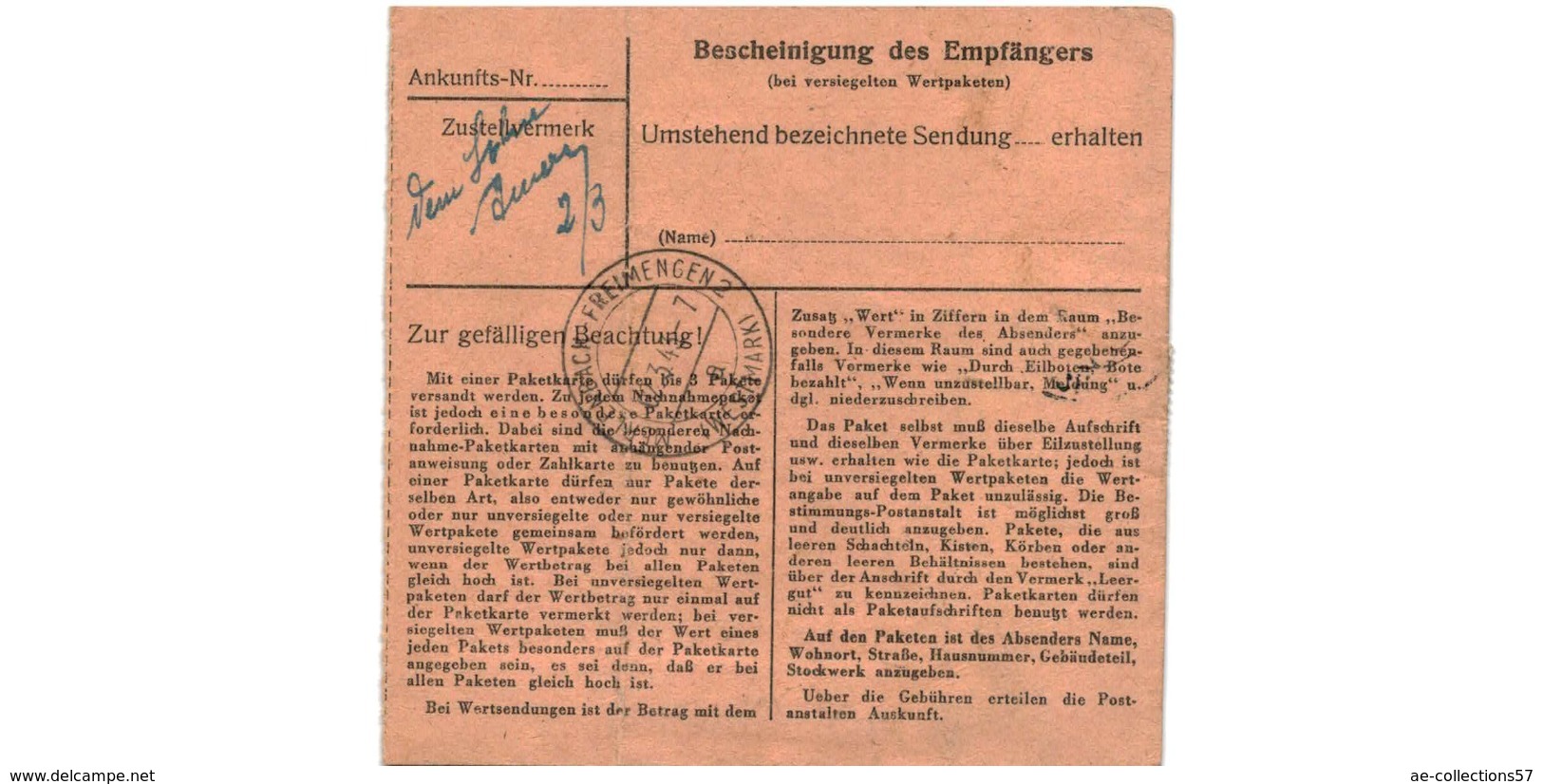 Allemagne  - Colis Postal  - Départ Reimsbach über Merzig ( Saar ) - Briefe U. Dokumente
