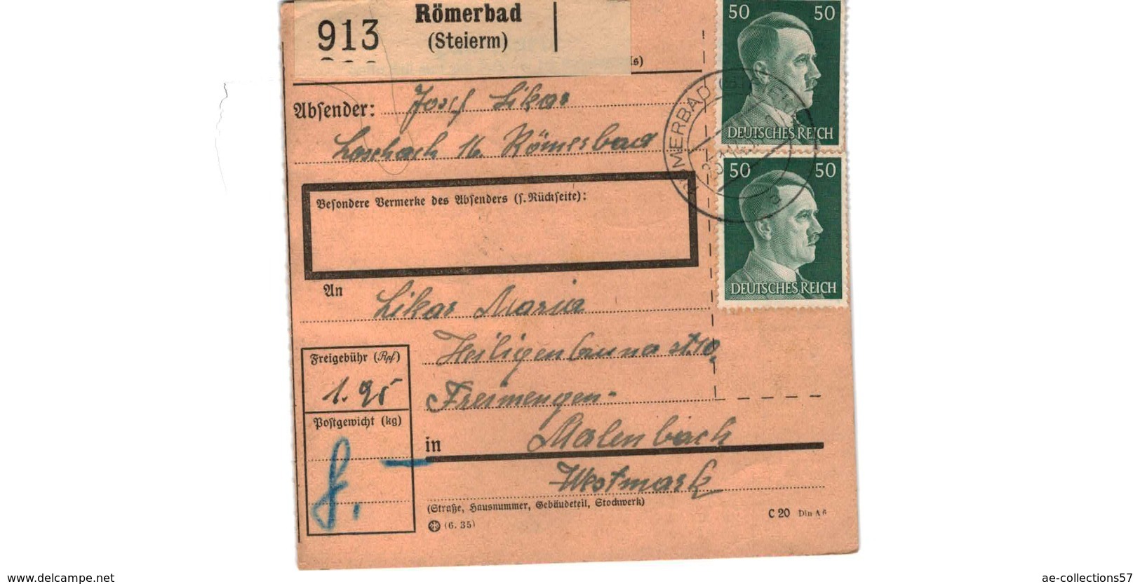 Allemagne  - Colis Postal  - Départ Römerbad ( Steierm ) - Briefe U. Dokumente