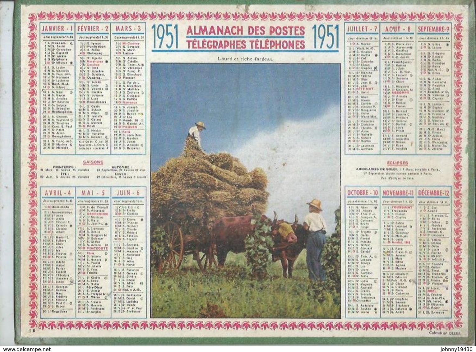 ALMANACH DES POSTES  1951 ( CALENDRIER )  LOURD ET RICHE FARDEAU - Grand Format : 1941-60