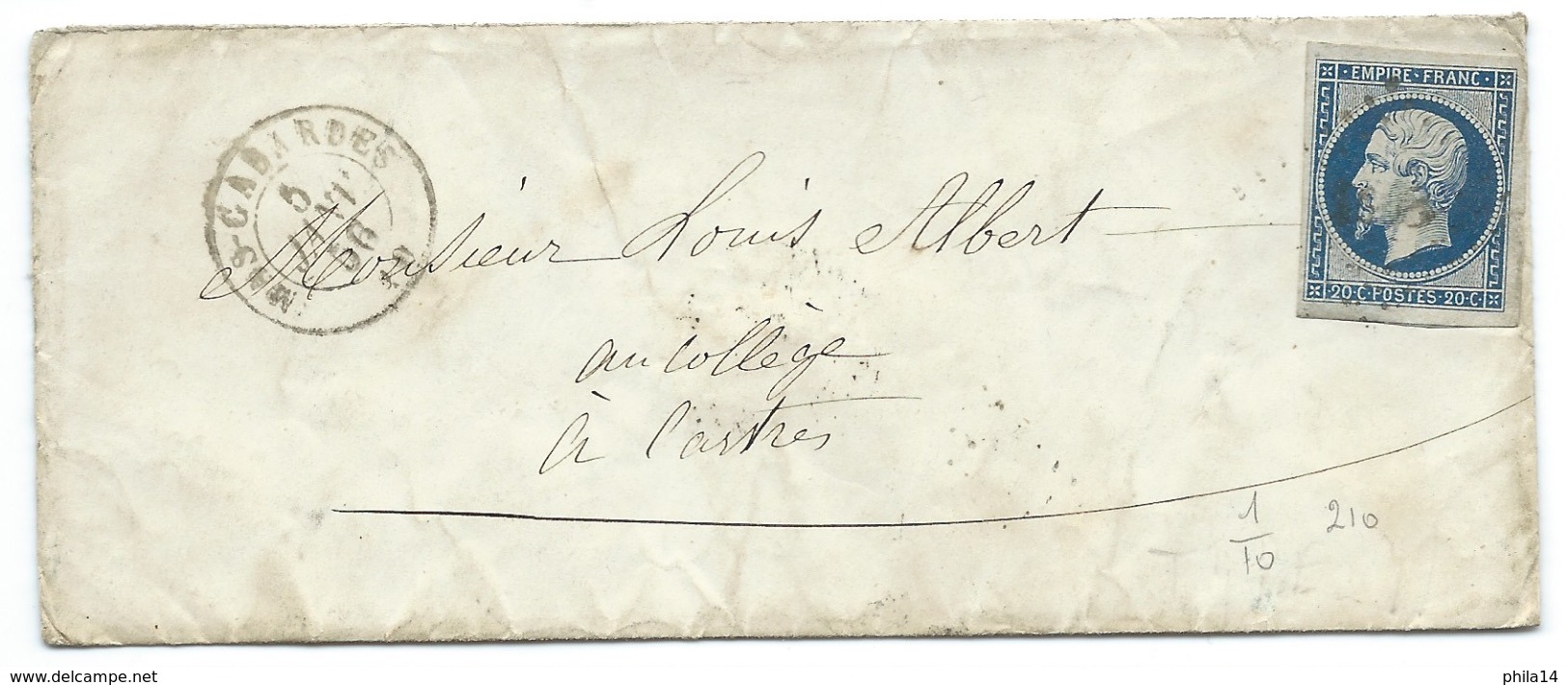 N°14 BLEU NAPOLEON SUR LETTRE / MAS CABARDES POUR CASTRES / 5 JANV 1856 - 1849-1876: Période Classique