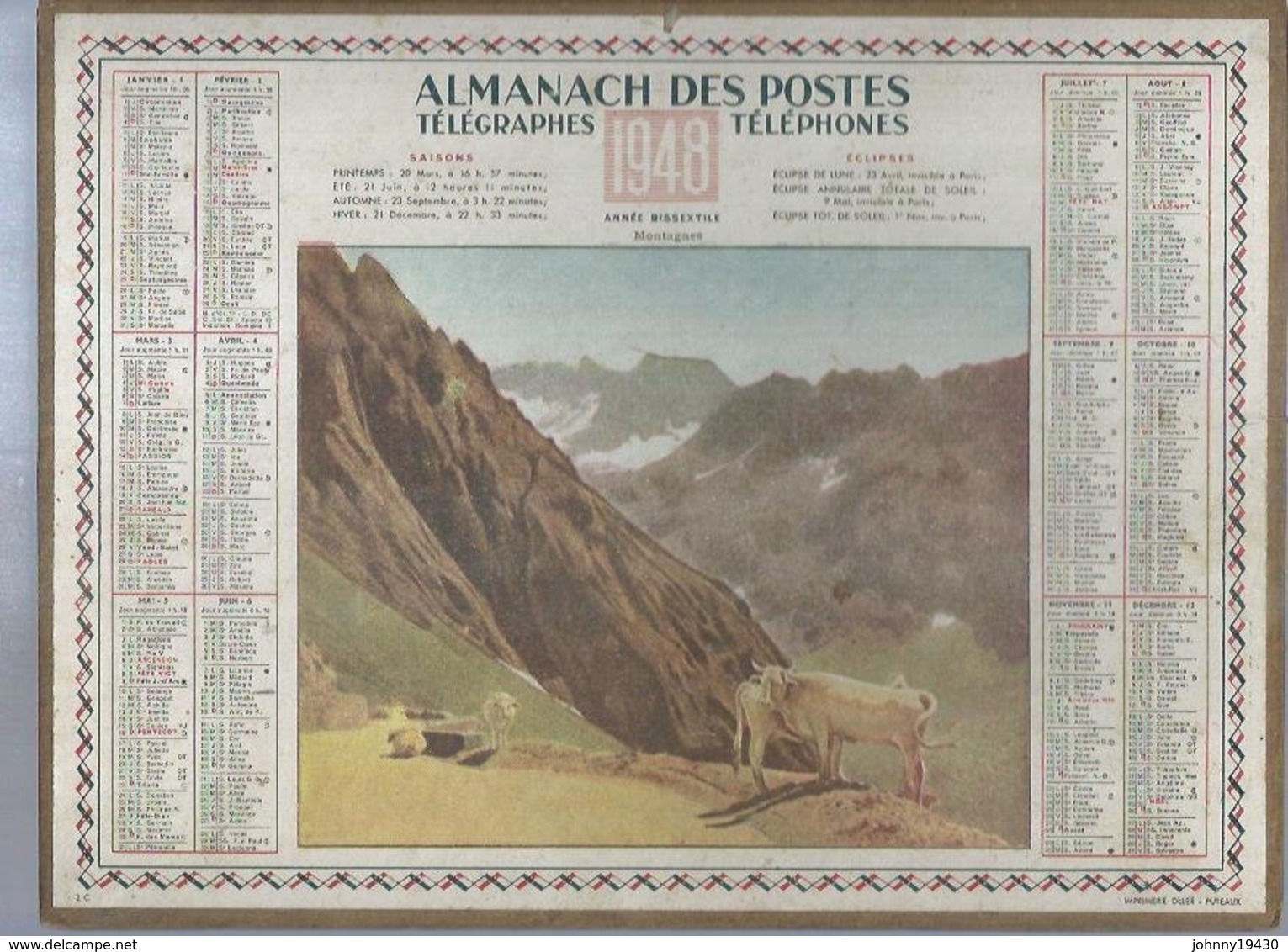 ALMANACH DES POSTES  1948 ( CALENDRIER )  MONTAGNES - ANNEE BISSEXTILE - Grand Format : 1941-60