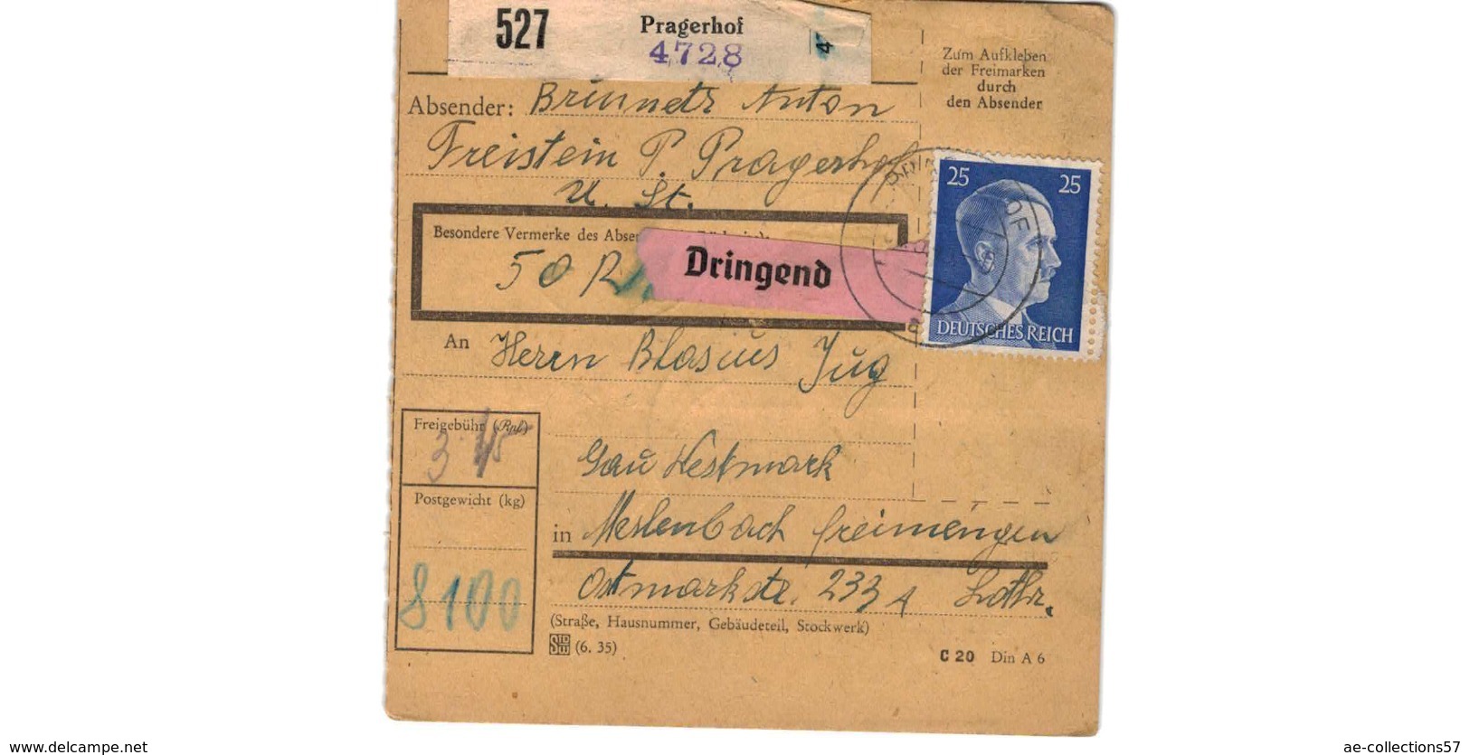 Allemagne  - Colis Postal  - Départ Pragerhof - Briefe U. Dokumente