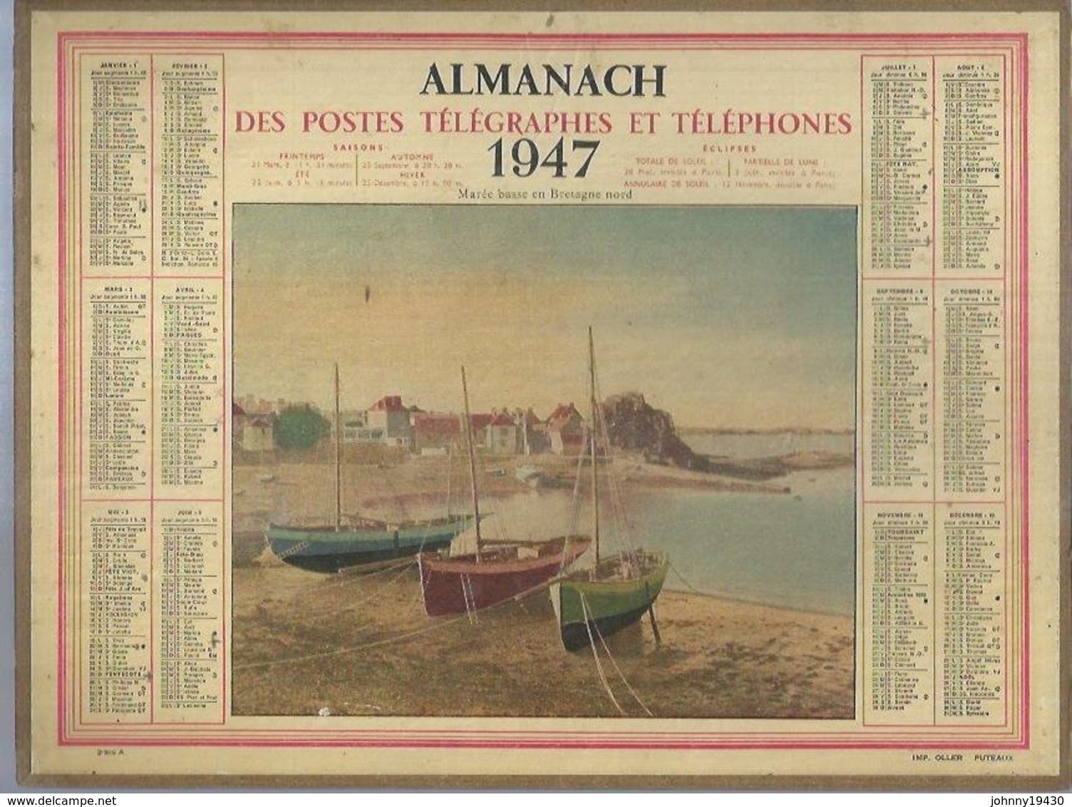 ALMANACH DES POSTES  1947 ( CALENDRIER )  MAREE BASSE EN BRETAGNE NORD - Grand Format : 1941-60